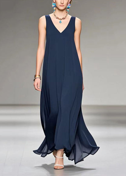 Navy V Neck Draping Chiffon Cami Dress Sleeveless Summer