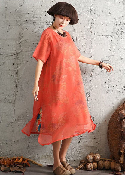 Red Side Open Print Dress Short Sleeve