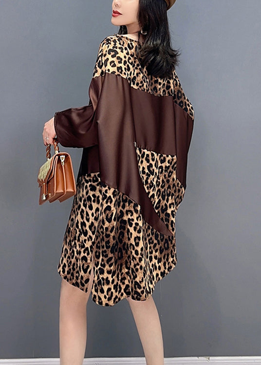 Chocolate O-neck Leopard Print Maxi Dresses Spring