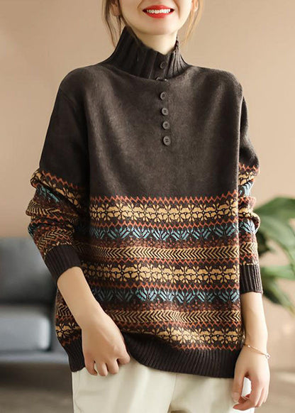 Khaki Hign Neck Print Knit Sweater Spring