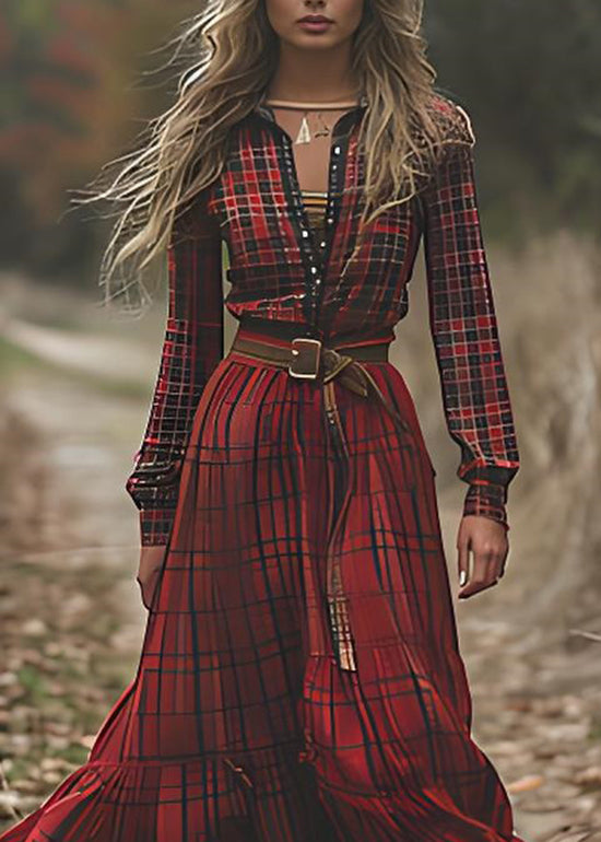 Red V Neck Plaid Patchwork Cotton Ankle Dress Spring