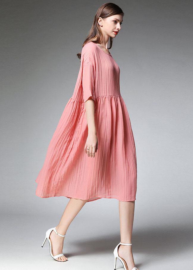 Pink Wrinkled Pockets Summer Dress Half Sleeve