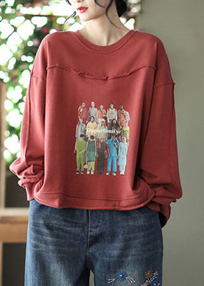 Red Print Cotton Loose Sweatshirts Top Spring