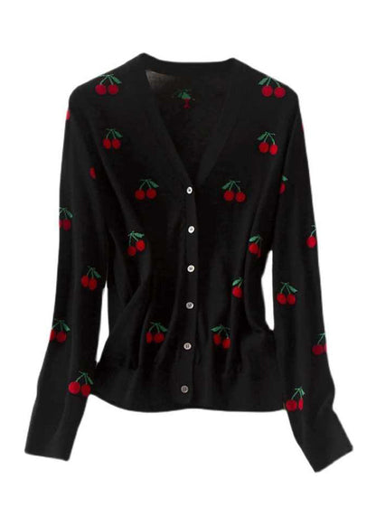 Black V Neck Embroideried Button Woolen Knit Cardigan Long Sleeve