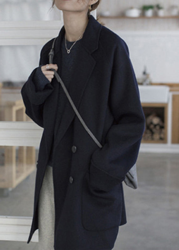 Black Notched Button Woolen Coats Fall