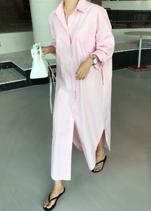 Italian Pink Peter Pan Collar Side Open Cotton Long Shirts Dresses Spring