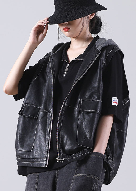 Boutique Black Patchwork Hooded Zippered Fall Pockets Blouse Tops Pu Waistcoat