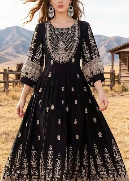 Black O Neck Print Cotton Dresses Bracelet Sleeve