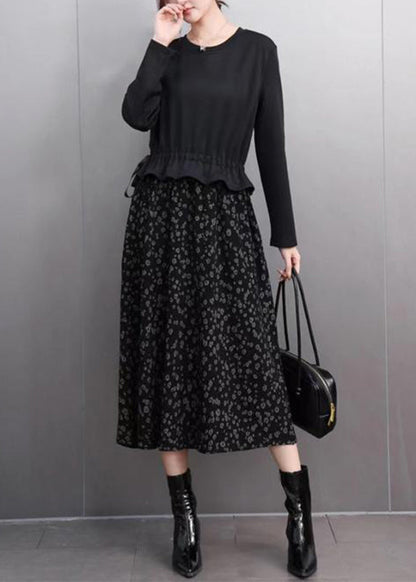 Novelty Coffee O-neck Patchwork Print Fake Two Pieces Long Dress Spring