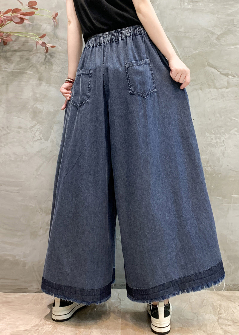 Navy Oversized Wrinkled Denim Wide Leg Pants Summer
