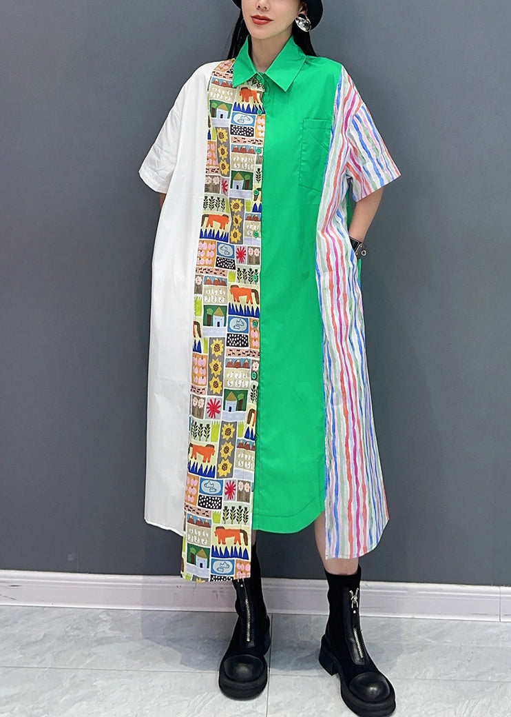 Green Print Pockets Patchwork Cotton Shirt Dress Half Sleeve