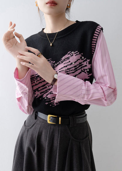 New Fake Two Pieces Set Knit Patchwork Pink Shirts Spring
