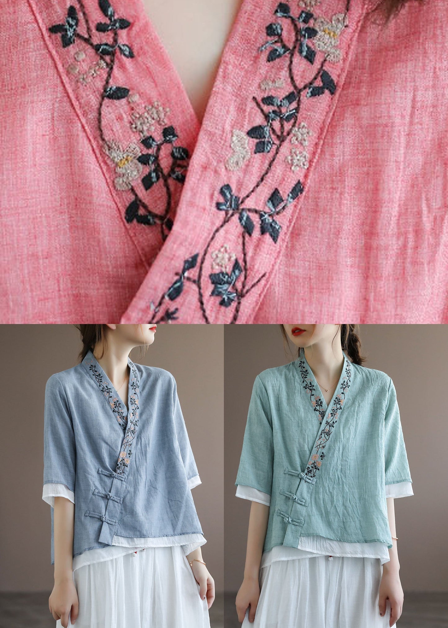Orange Oriental Embroideried Cotton Blouses Half Sleeve