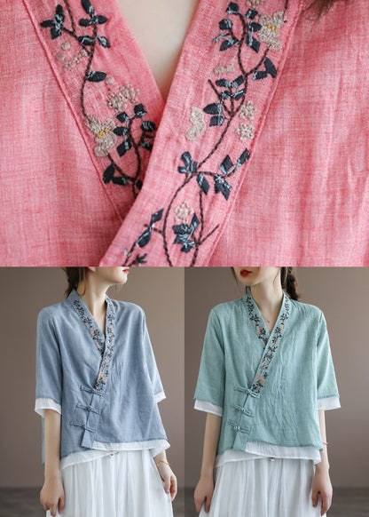 Orange Oriental Embroideried Cotton Blouses Half Sleeve