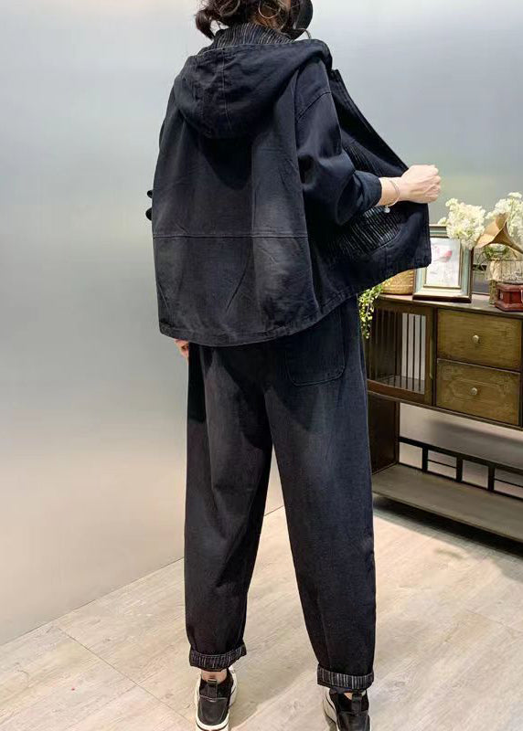 Black Patchwork Denim Two Piece Set Tops and Pants Fall
