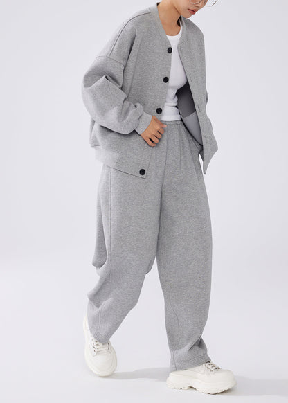 Simple Grey Button Pockets Elastic Waist Warm Fleece Two-piece Set Winter