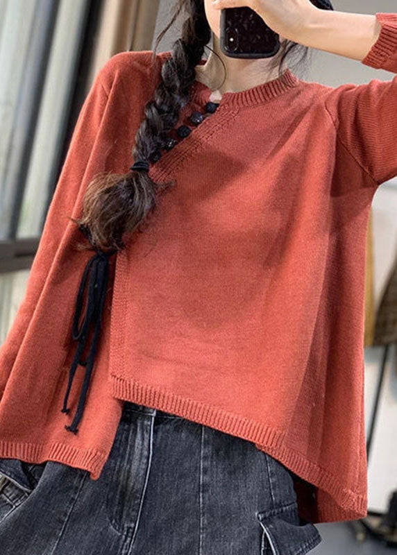 Chocolate O-neck Button Asymmetrical Design Fall Sweater