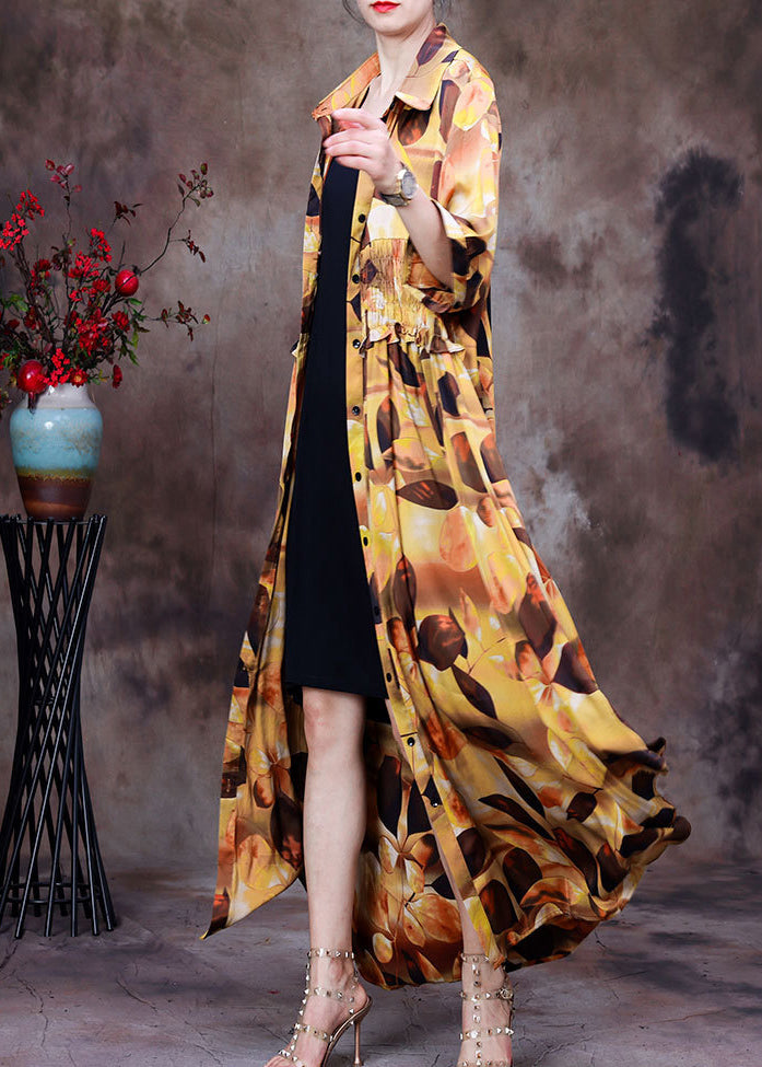 Yellow Peter Pan Collar Print Wrinkled Silk Long Shirt Dress Half Sleeve