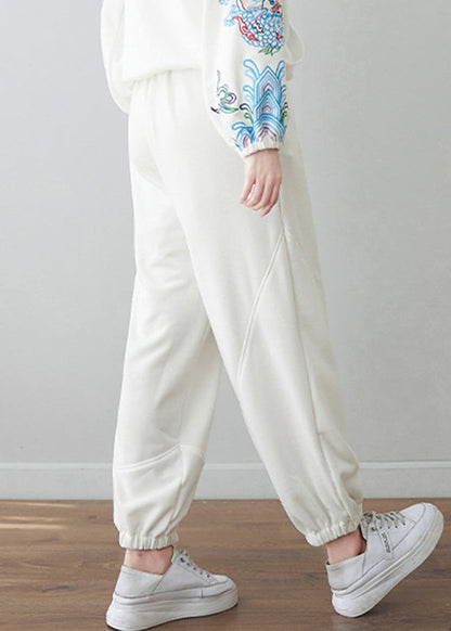 White Embroideried High Waist Pockets Beam Pants Fall