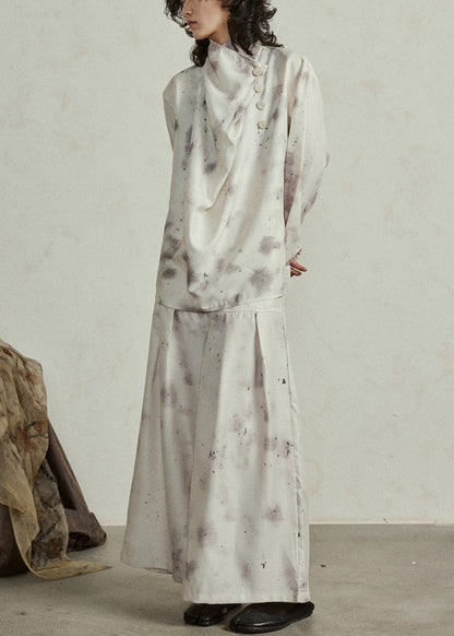 Boutique Stand Collar Tie Dye Two Pieces Set Top and Wide Leg Pants Lantern Sleeve