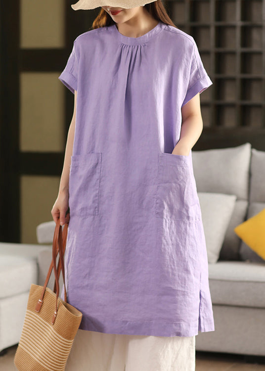 Purple Side Open Linen Dress O Neck