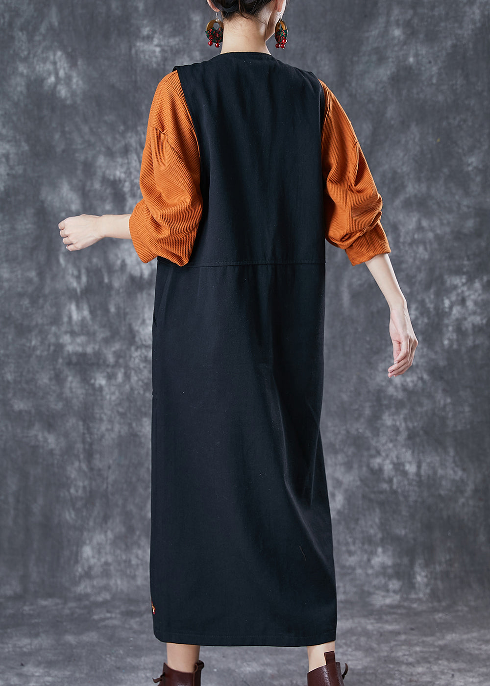 Black Embroideried Pockets Cotton Two Pieces Set Spring