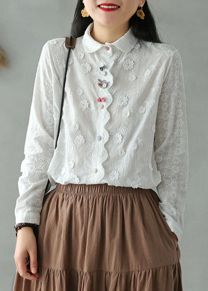 Diy White Embroideried Three-dimensional Cotton Shirt Top Long Sleeve