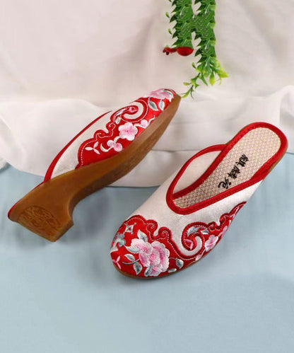 Red Chunky Cotton Fabric Embroidery Slide Sandals