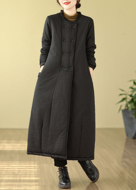 Black O-neck Thick Maxi Parka Coats Long Sleeve