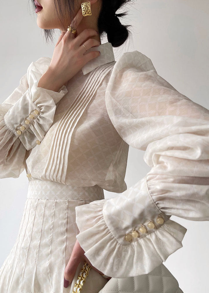 Boutique White Peter Pan Collar Wrinkled Silk Shirts and Skirts Two Pieces Set Lantern Sleeve