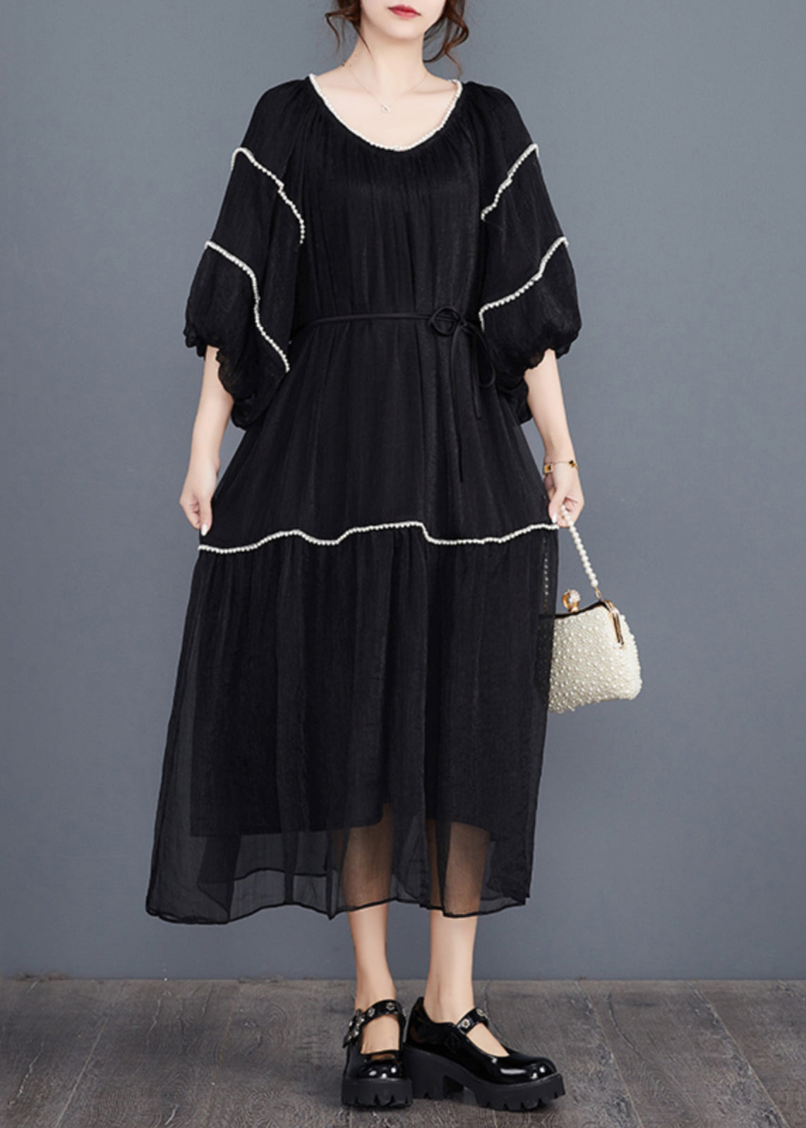 Black Nail Bead Long Dresses Half Sleeve
