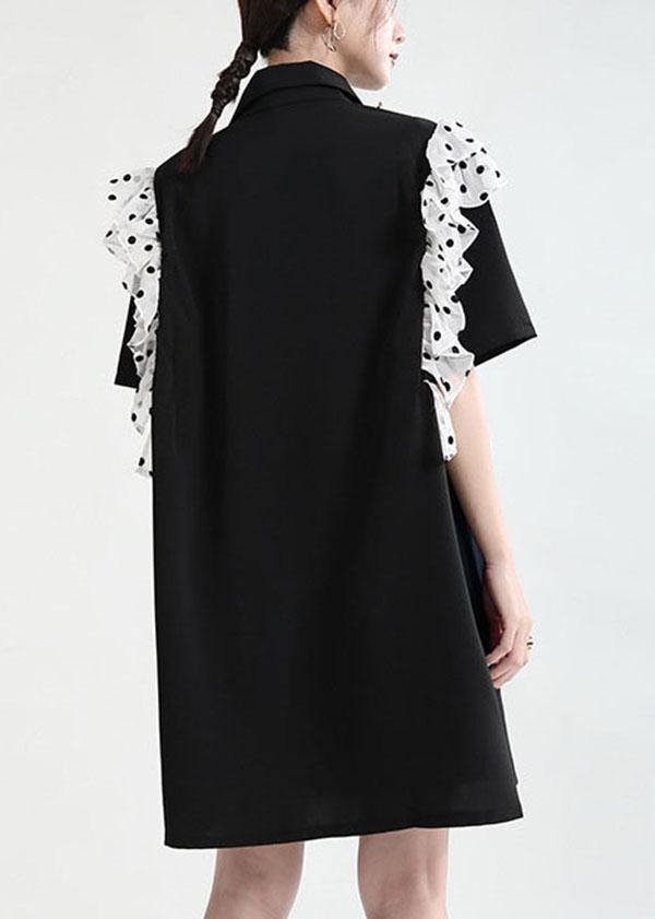 Black Ruffles Patchwork Summer Button Party Dress Short Sleeve