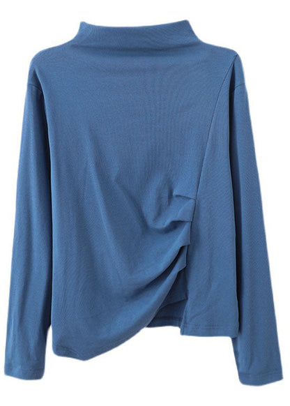 Blue Turtleneck Asymmetrical Design Patchwork Fall Tops