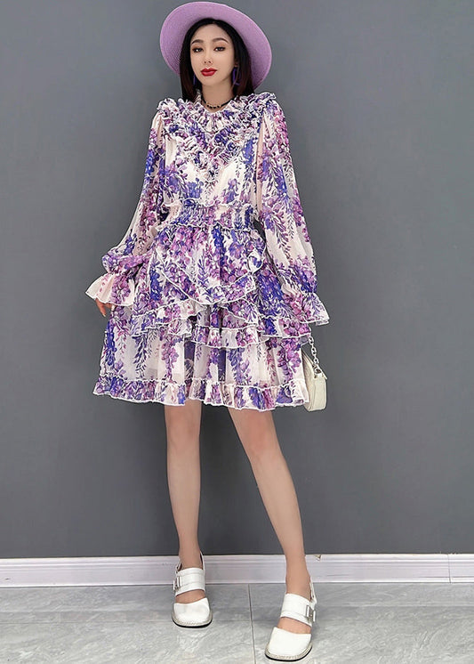 Purple Stand Collarasymmetrical Ruffled Chiffon Mid Dress Long Sleeve