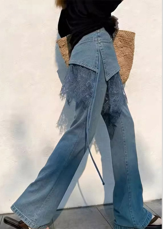 New Blue High Waist Lace Patchwork Straight Jeans Summer
