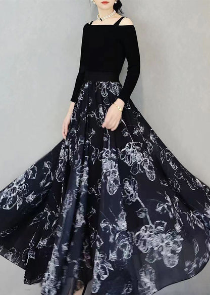 Black Wrinkled Print Exra Large Hem Chiffon Skirts Summer