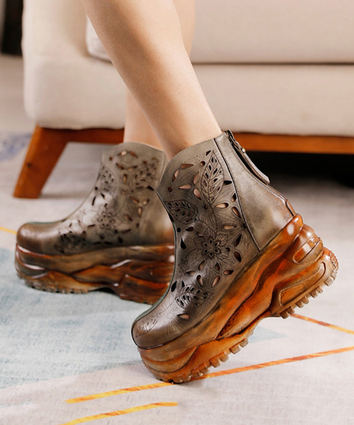 Grey Cowhide Hollow Out Splicing Zipper Leather Boots