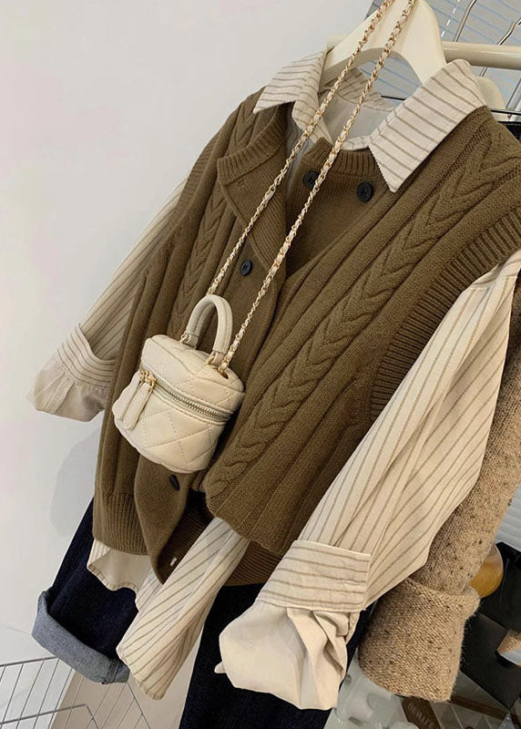 Italian Brown Button Cable Knit Waistcoat and Shirts Two Pieces Set Fall