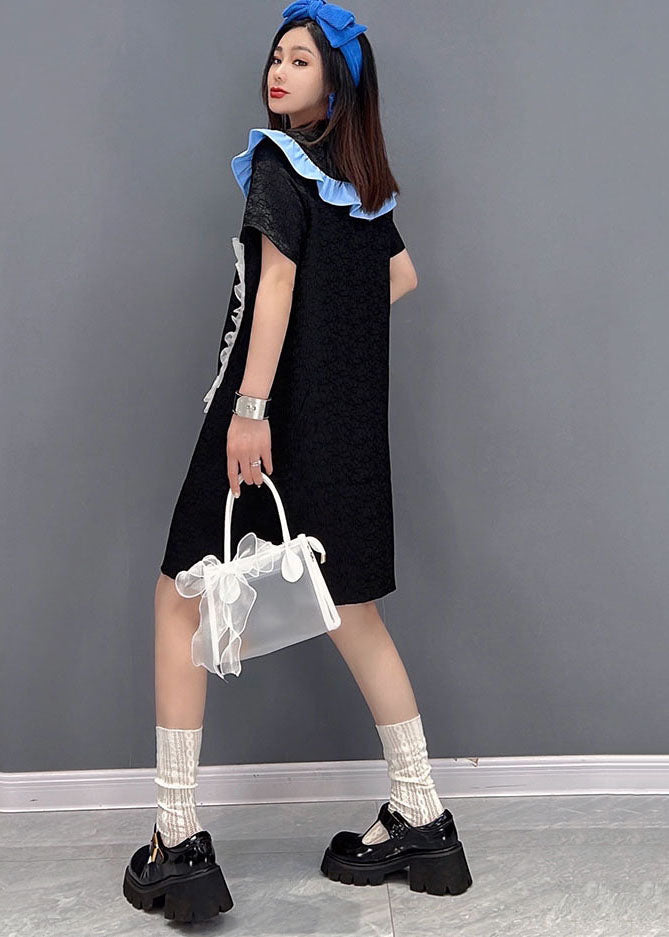 Black Peter Pan Collar Love Tulle Patchwork Shirt Dress Short Sleeve