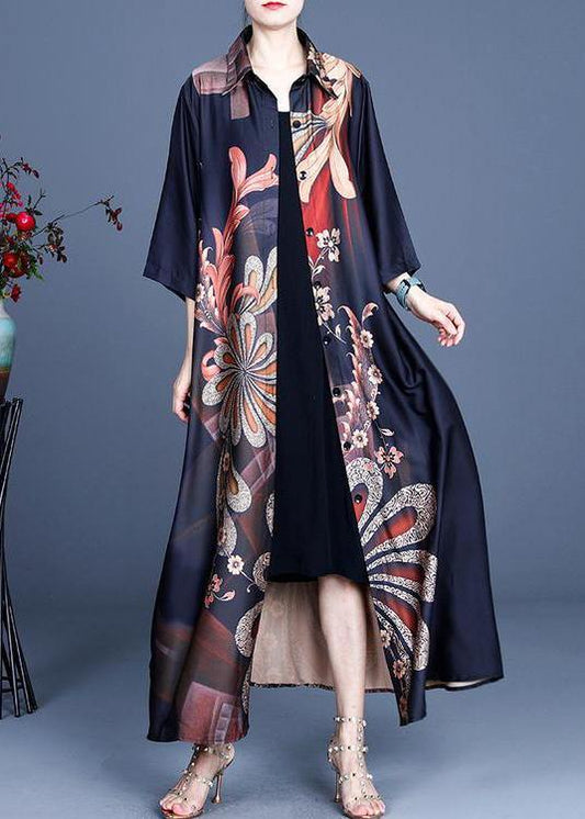 Black Print Button Silk Cardigan Long