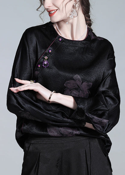 Loose Black O-neck Button Print Silk Blouses Fall