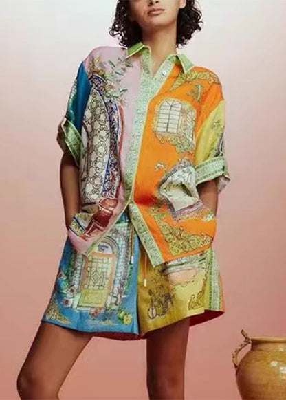Colorblock Peter Pan Collar Print Cotton Two Pieces Set Half Sleeve