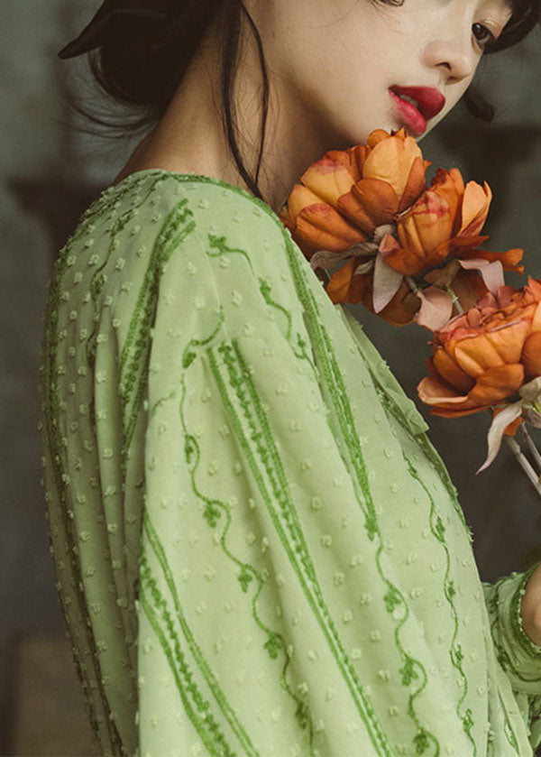 Green Embroideried Lace Up Cotton Shirt Top Spring