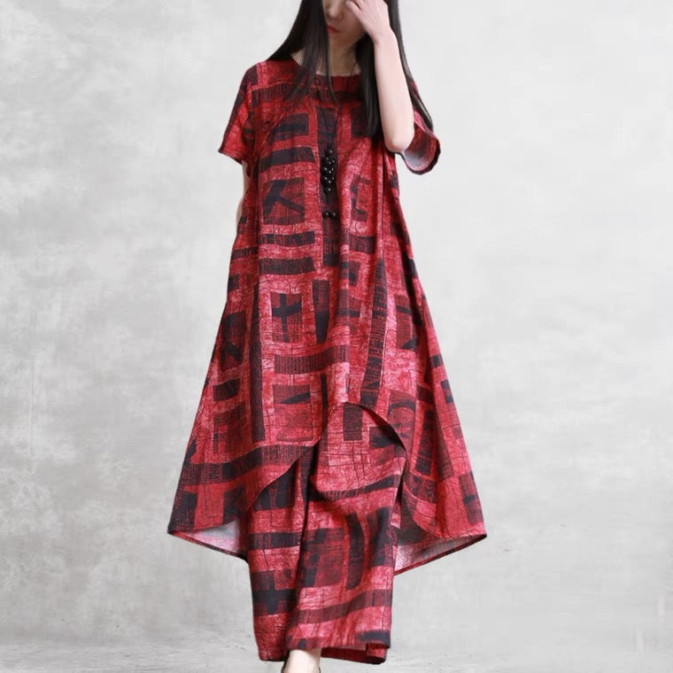 Gray Prints Chiffon Two Pieces Side Open Tops and Elastic Waist Wide Leg Pants