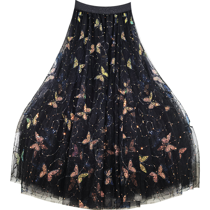 Black Embroidery Butterfly Sequins Tulle Summer Skirts