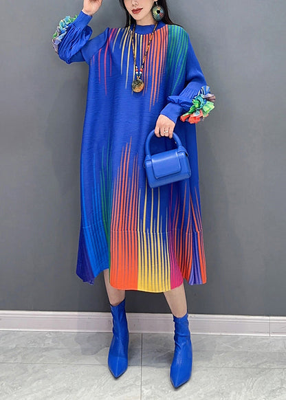 Blue Print Wrinkled Cotton Long Dresses O Neck Spring
