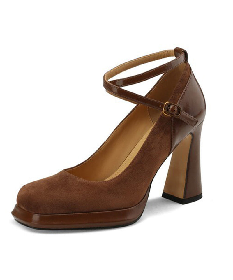Brown High Heels Suede Cross Strap Splicing