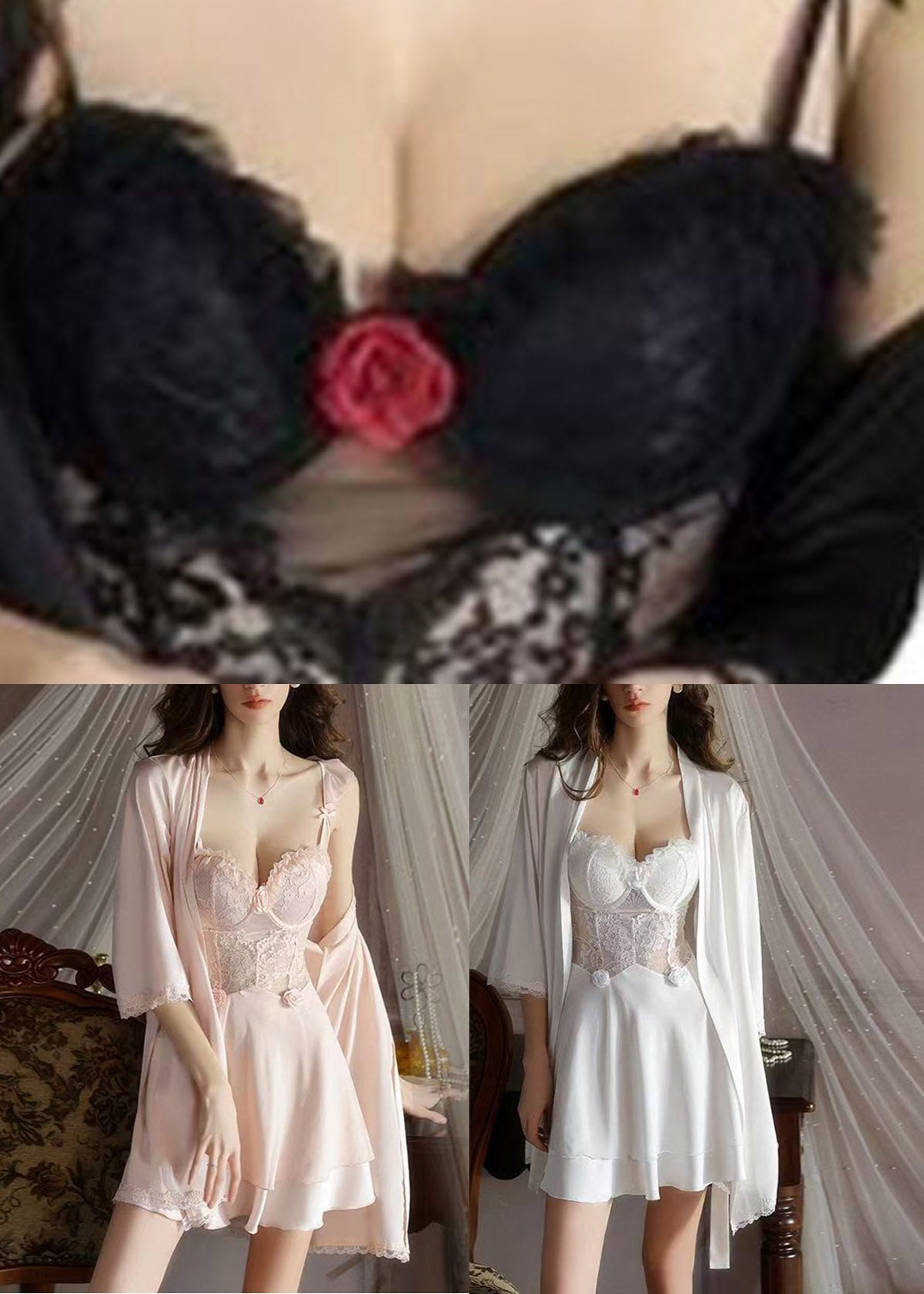 Pink V Neck Ice Silk Cardigans and Slips Lingerie Sets