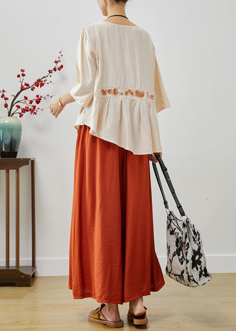 Apricot Embroideried Asymmetrical Cotton Two Pieces Set Fall