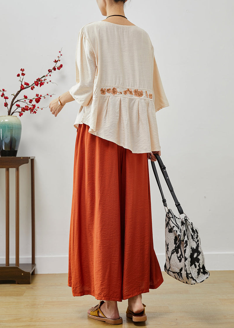 Apricot Embroideried Asymmetrical Cotton Two Pieces Set Fall